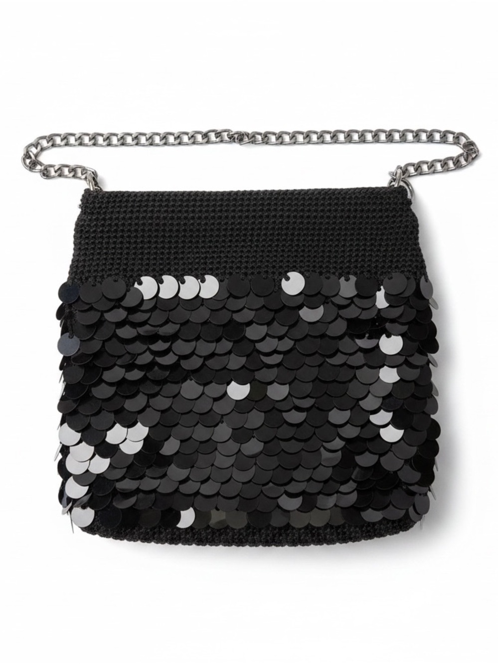 Black Sequin Shoulder Bag with Silver Chain Strap